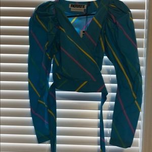 Wrap tie front top with puff sleeves